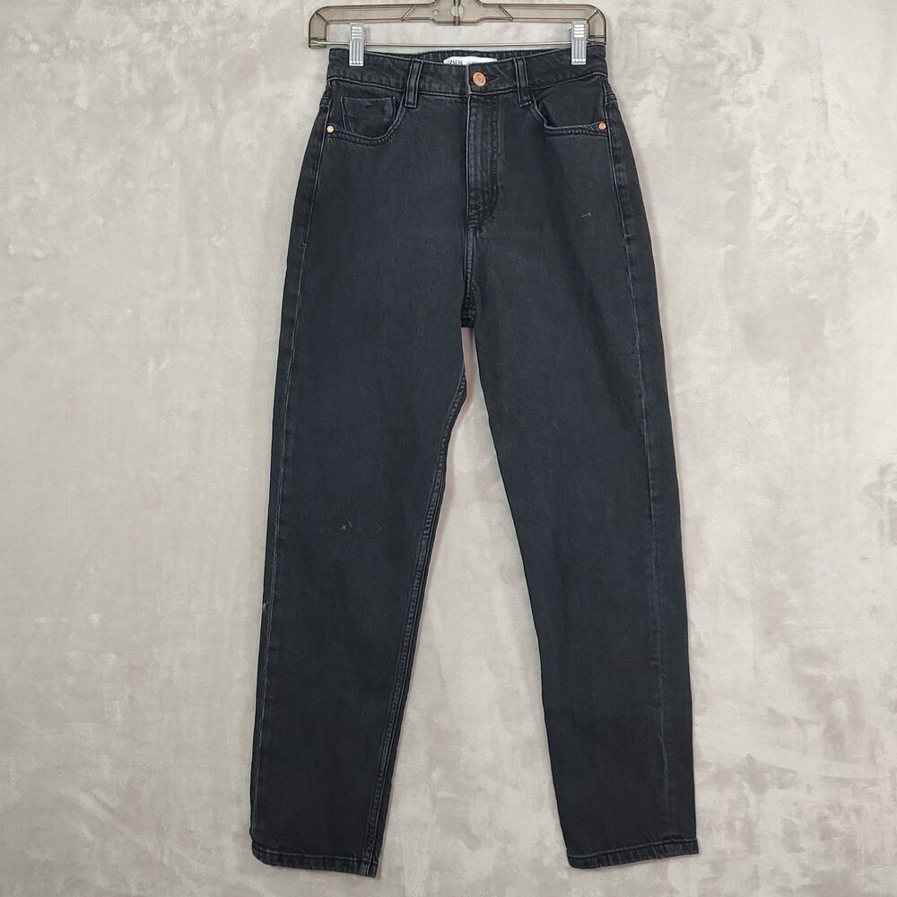 Women's Zara Black Denim Jeans Size 4 Straight Leg 5 Pocket Design Logo Patch